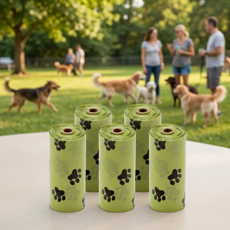 Sacs pour ramasse crotte pour chien cinq bobines vertes à motifs de pattes devant des chiens et leurs propriétaires au parc en été