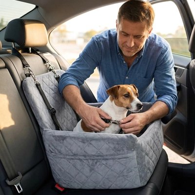 Siege auto pour chien gris homme attache son chien