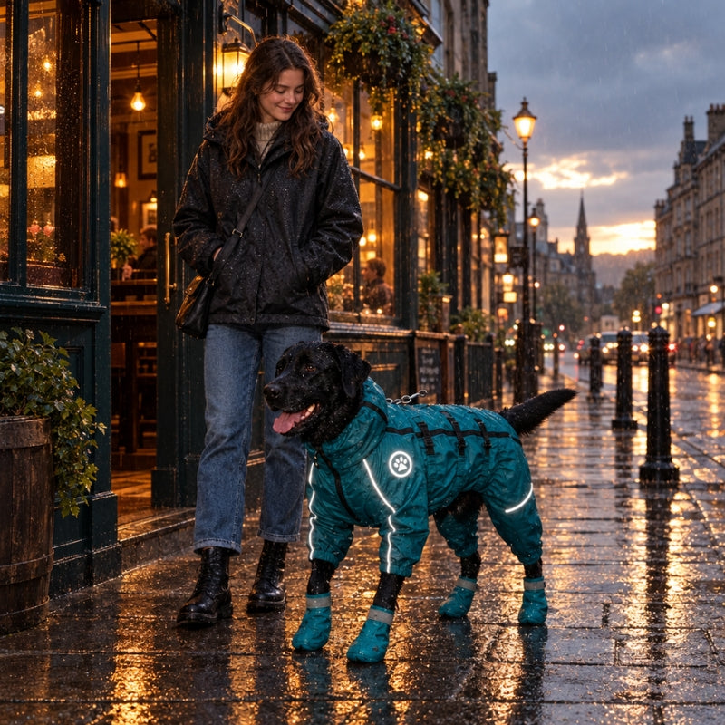 Vêtement pour chien bleu et bottes assorties avec Julie devant un pub sous la pluie