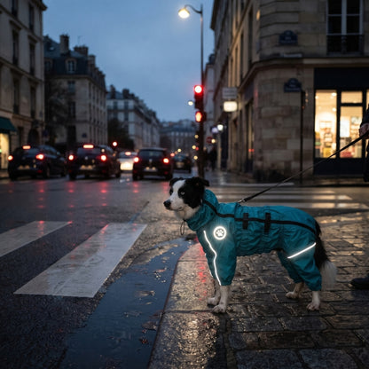 Vêtement pour chien bleu réfléchissant avec bottes assorties près d’un passage piéton mouillé