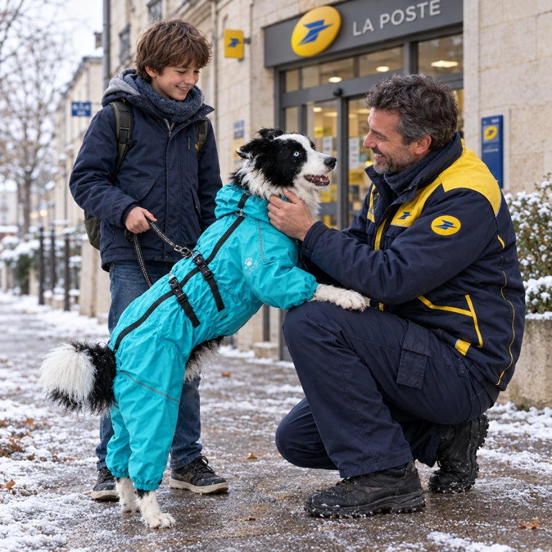 Vêtement pour chien bleu sur un border collie saluant François devant la poste enneigée