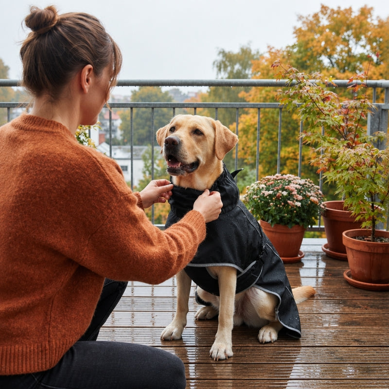 Vêtement pour chien noir ajusté par une femme sur un labrador assis sur un balcon