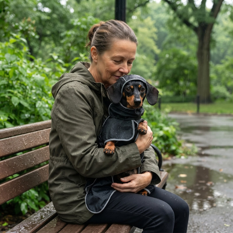Vêtement pour chien noir porté par un petit chien dans les bras d’un homme au parc