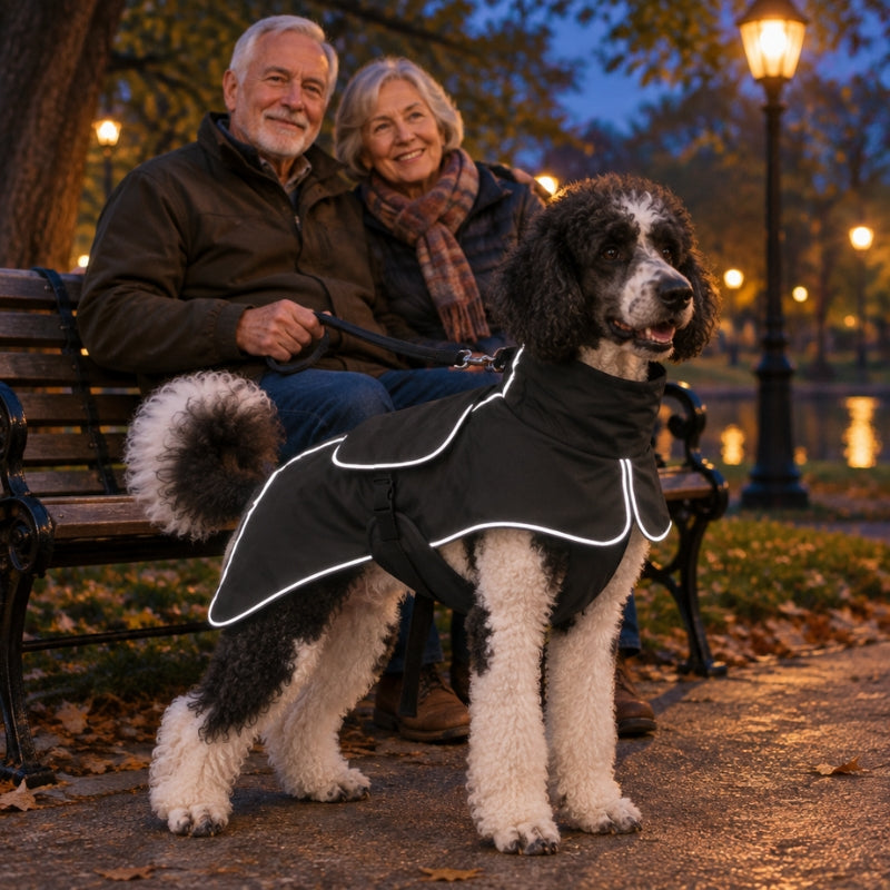 Vêtement pour chien noir réfléchissant sur un caniche bicolore près d’un couple sous les lampadaires