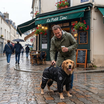 Vêtement pour chien noir sur un chien assis près d’un homme devant un café