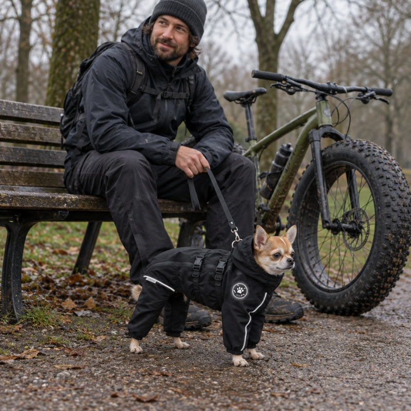 Vêtement pour chien noir sur un chihuahua près de François et de son Fat bike