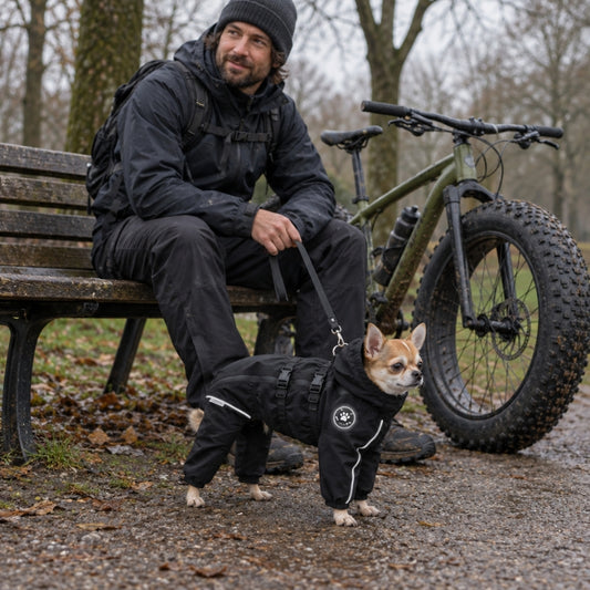 Vêtement pour chien noir sur un chihuahua près de François et de son Fat bike