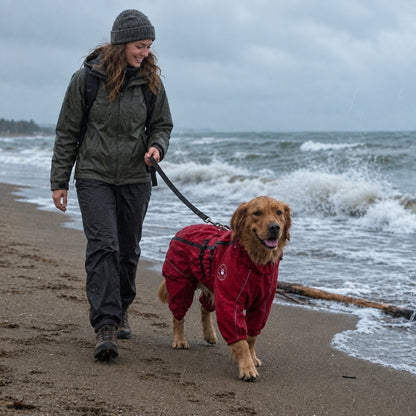 Vêtement pour chien rouge sur un golden retriever en laisse avec Julie sur la plage
