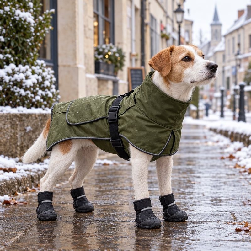 Vêtement pour chien vert sur un Jack Russell avec bottines dans une rue légèrement enneigée