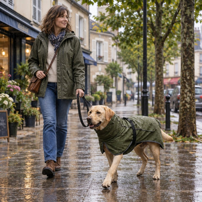 Vêtement pour chien vert sur un labrador en laisse avec Julie dans une rue mouillée