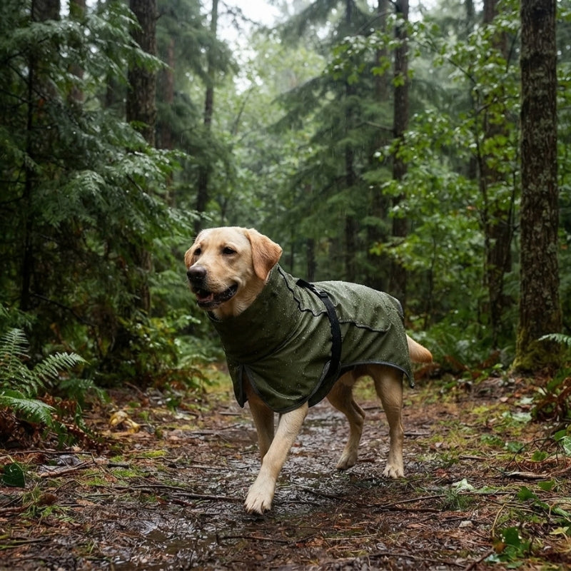 Vêtement pour chien vert sur un labrador marchant sur un sentier mouillé en forêt