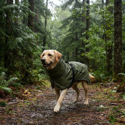 Vêtement pour chien vert sur un labrador marchant sur un sentier mouillé en forêt